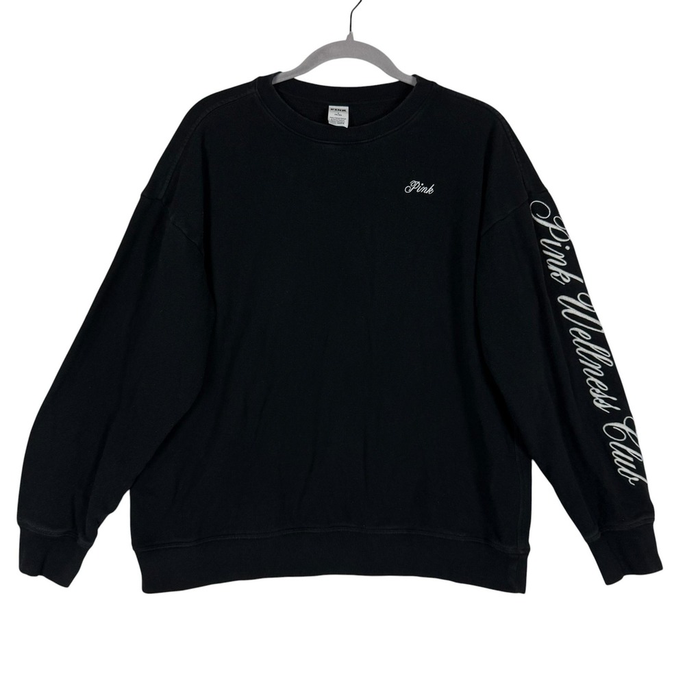 PINK Victoria's Secret Sweatshirt‎ Womens M Black Crewneck Fleece Wellness Club